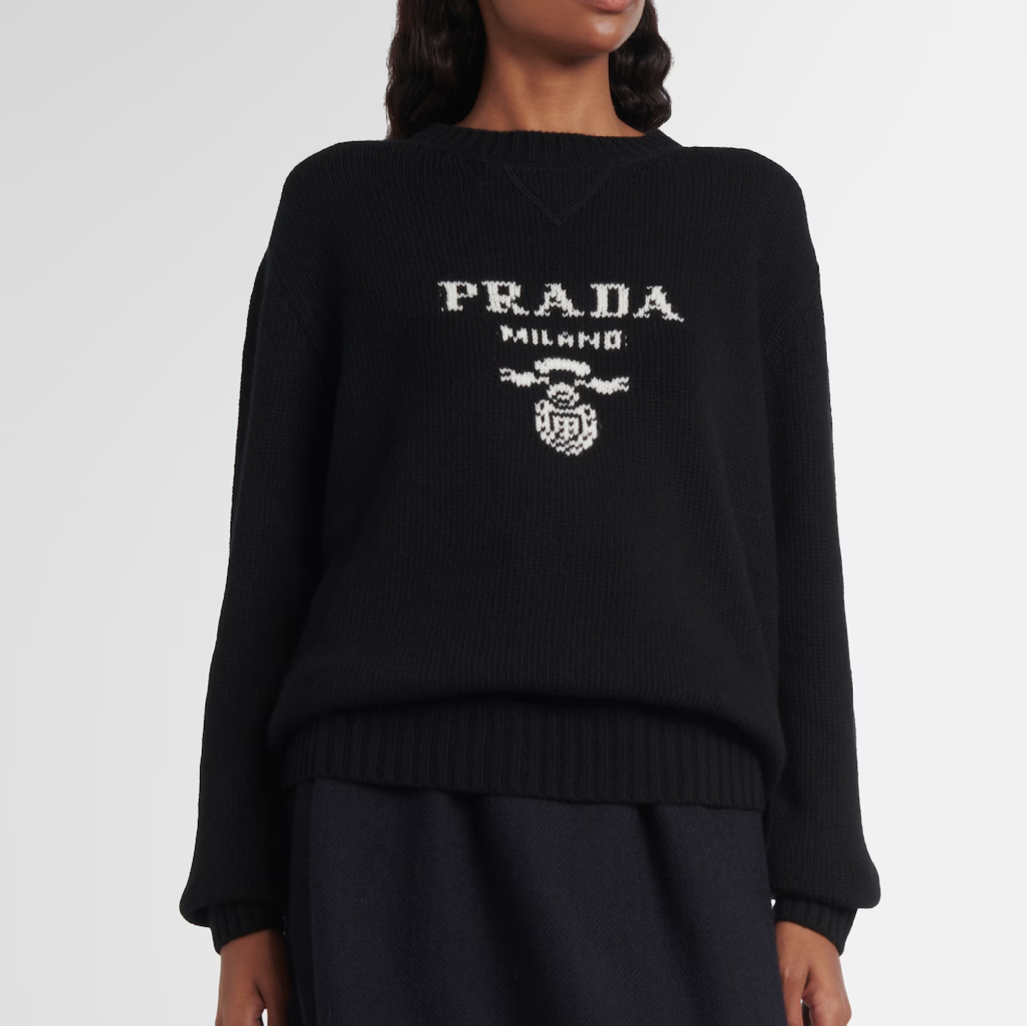 Prada Milano Intarsia Logo Wool-Cashmere Black Sweater-02