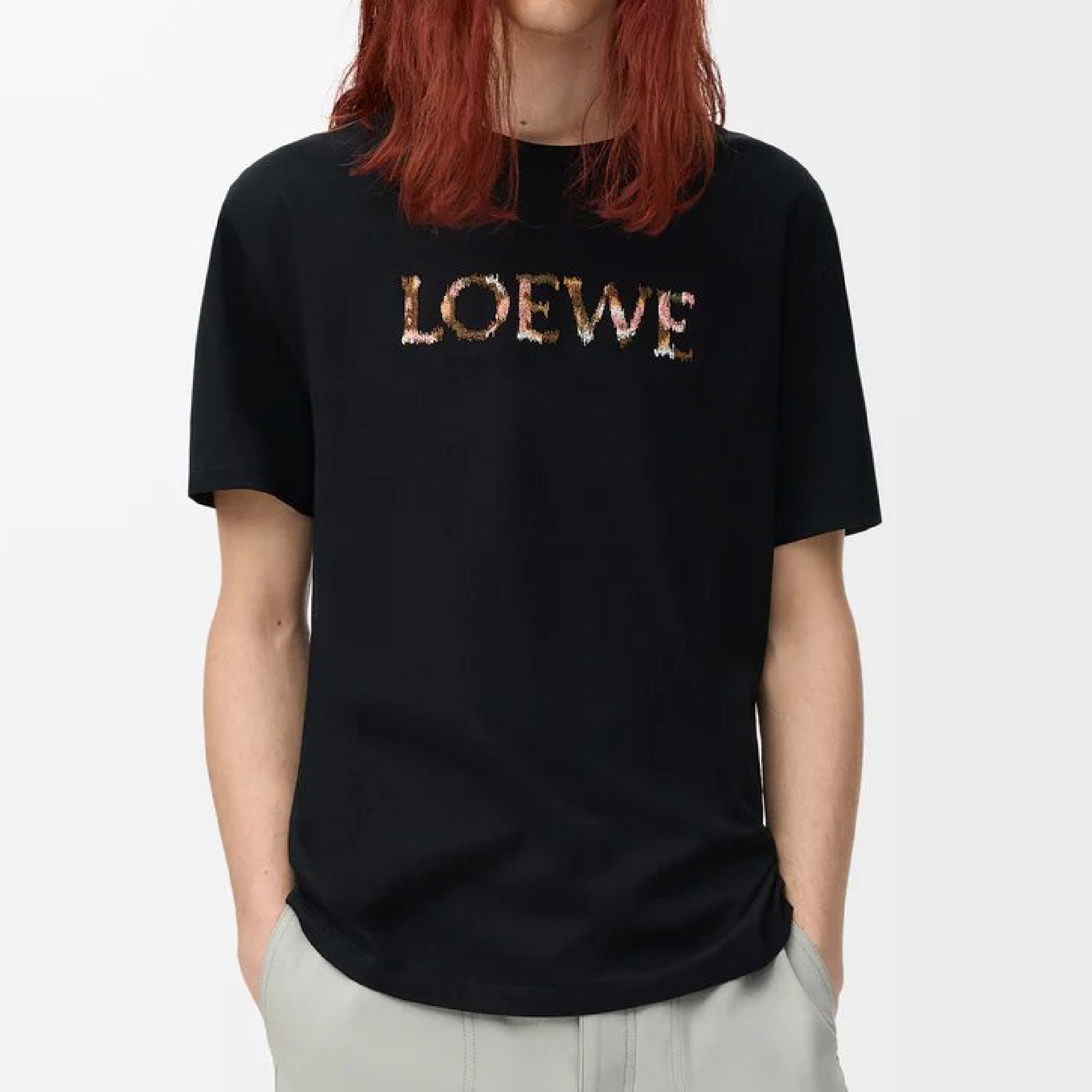 Loewe Cotton-Blend Embroidered Wording Logo Black Tee-03