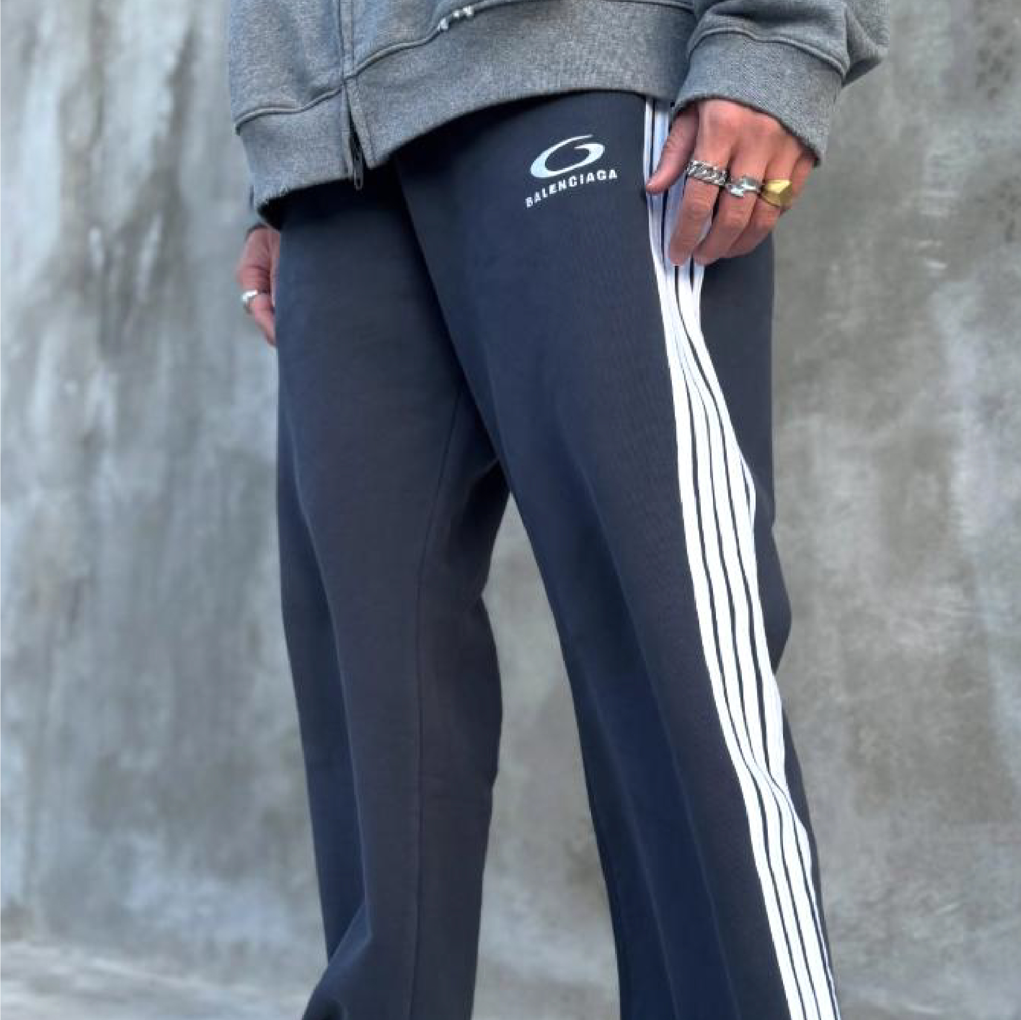 Balenciaga Embroidered Striped Navy Wide-Leg Track Pants-05