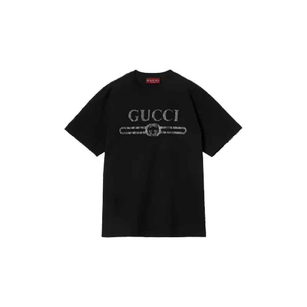 Gucci Rhinestone Interlocking G Logo Black Tee-01