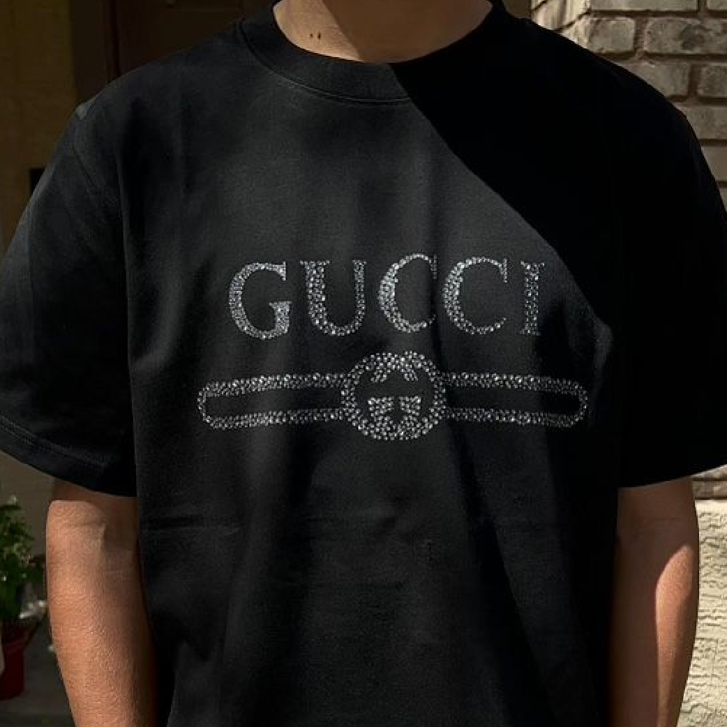 Gucci Rhinestone Interlocking G Logo Black Tee-03