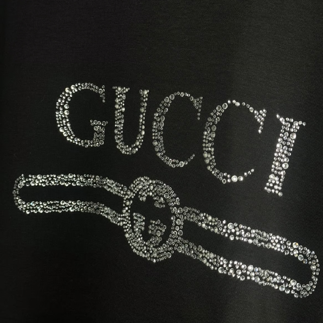 Gucci Rhinestone Interlocking G Logo Black Tee-02