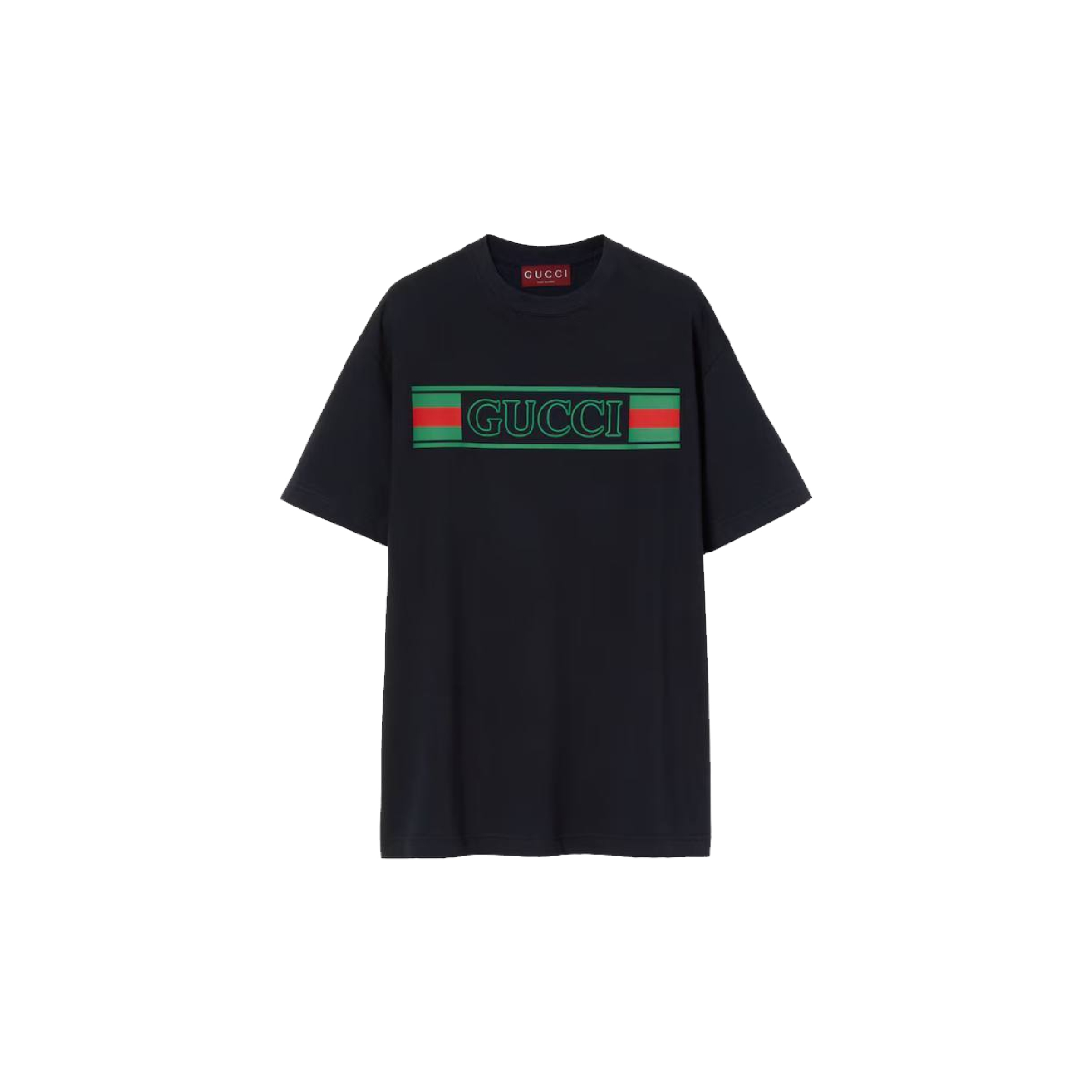 Gucci striped banner print logo dark navy tee-01