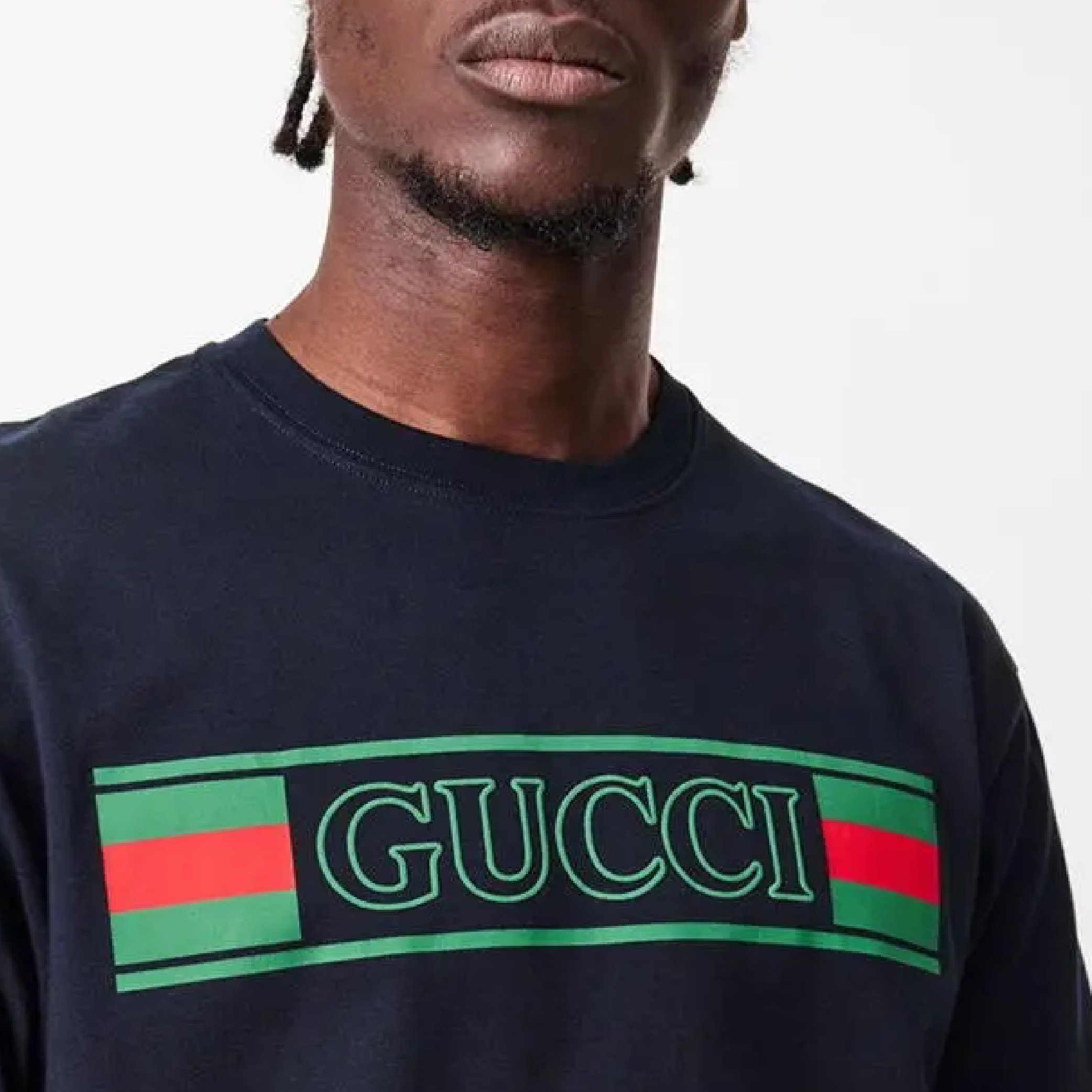 Gucci striped banner print logo dark navy tee-03