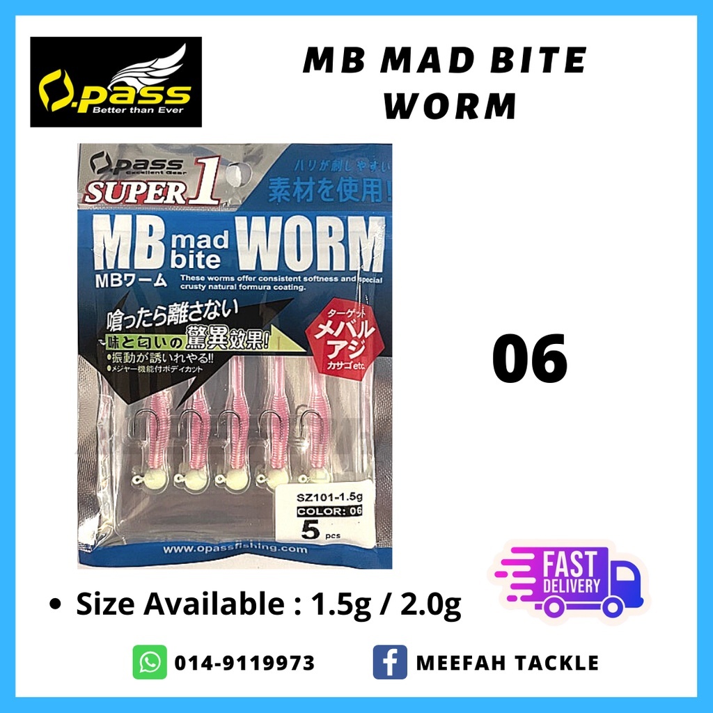 Meefah Tackle】Opass MB Mad Bite Worm With Jig Head ( 1.5g / 2.0g