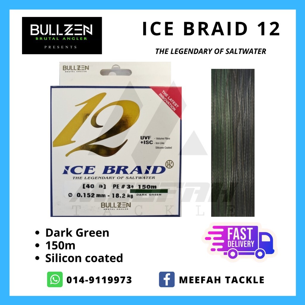 【Meefah Tackle】Bullzen Ice Braid X12 150M Braid (Dark Green) Braided Line -  Braided Fishing Line Tali Pancing