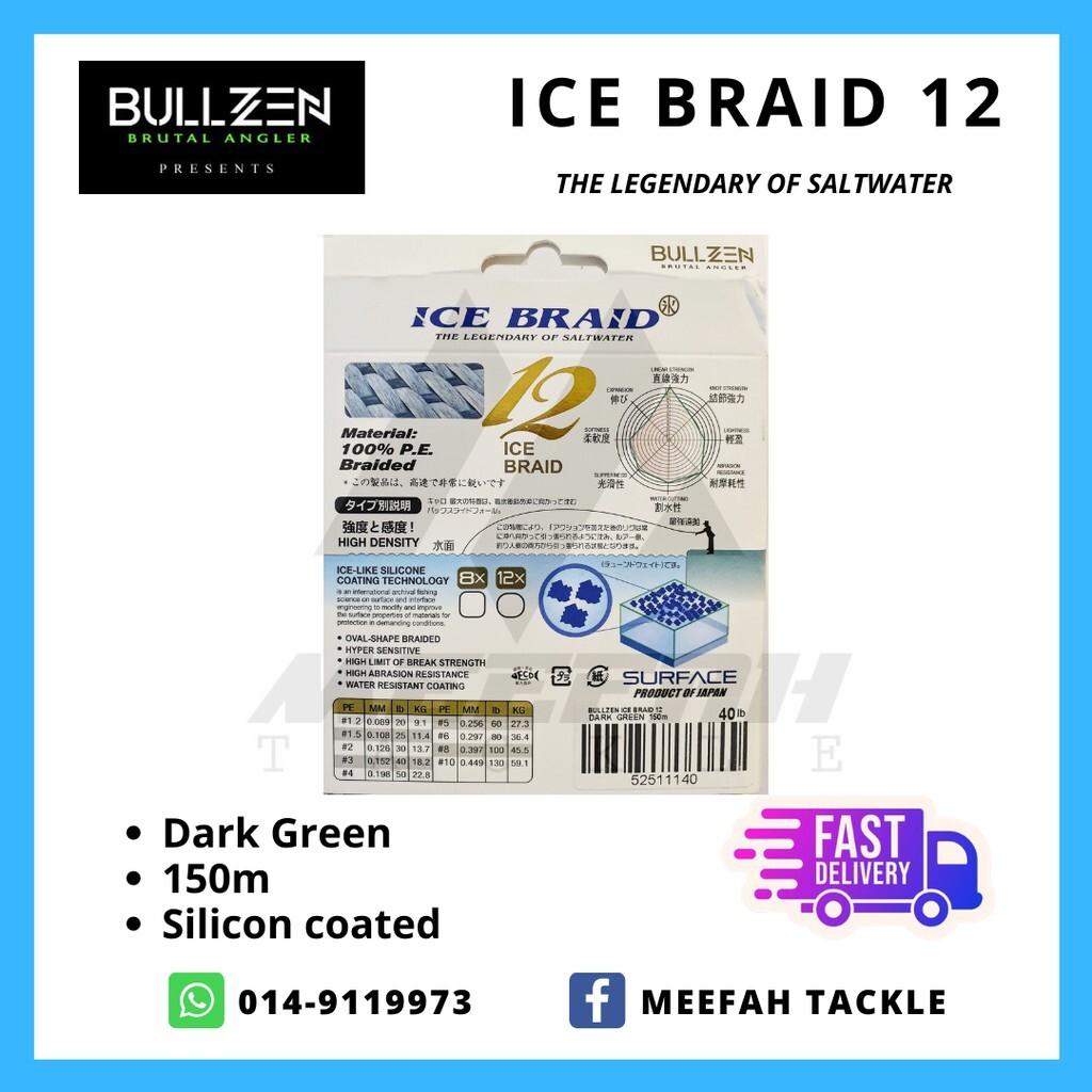 Meefah Tackle】Bullzen Ice Braid X12 150M Braid (Dark Green
