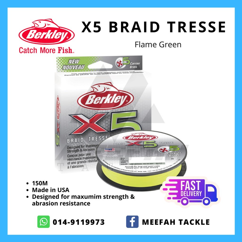【Meefah Tackle】Berkley X5 Braided Tresse 150M Low-Vis / Flame Green Braid -  Braided Fishing Line Tali Benang