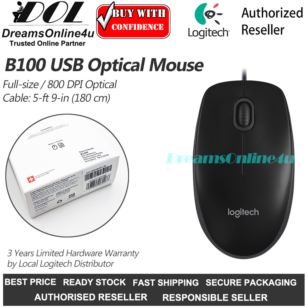 Logitech B100 Full size Optical USB Corded Mouse Three Buttons 800 DPI  910-001439 3 Years Warranty by Logitech Malaysia – DreamsOnline4u