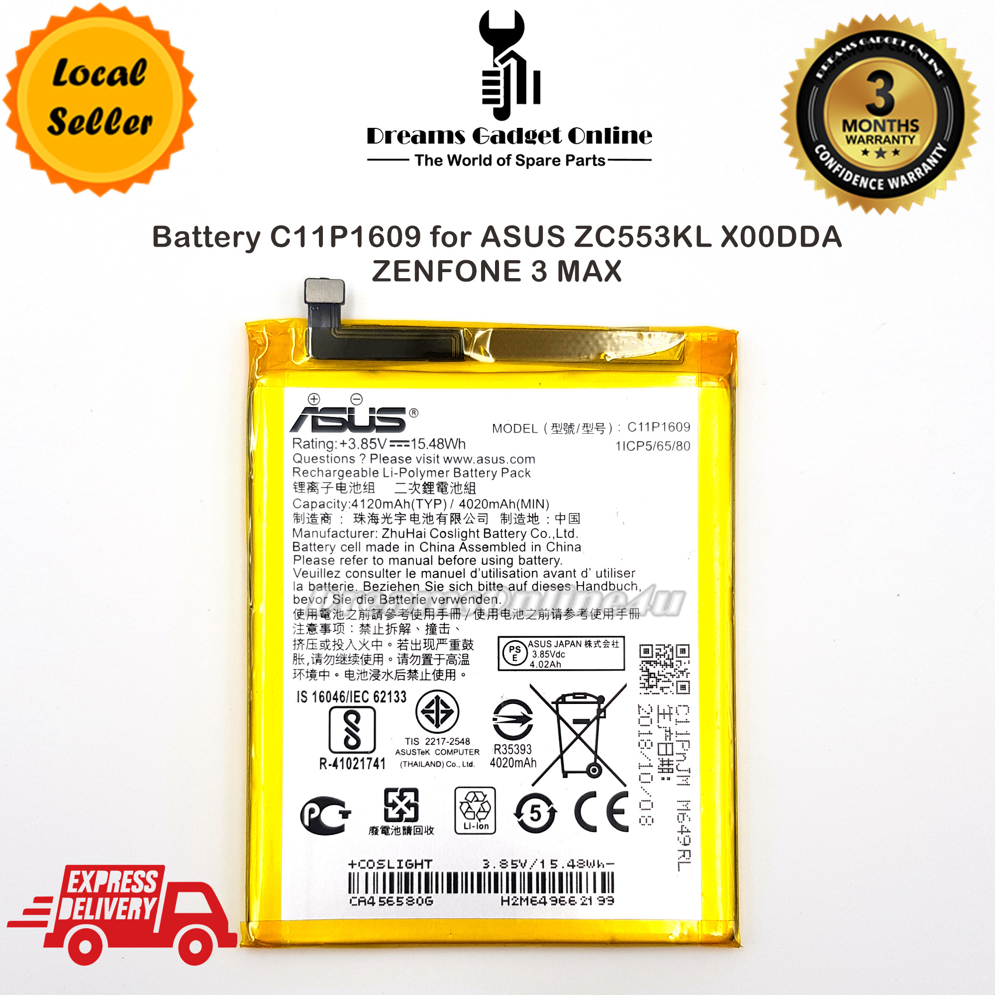 Replacement Battery C11P1609 for ASUS Zenfone 3 Max ZC553KL X00DDA 15.48Wh  – DreamsOnline4u