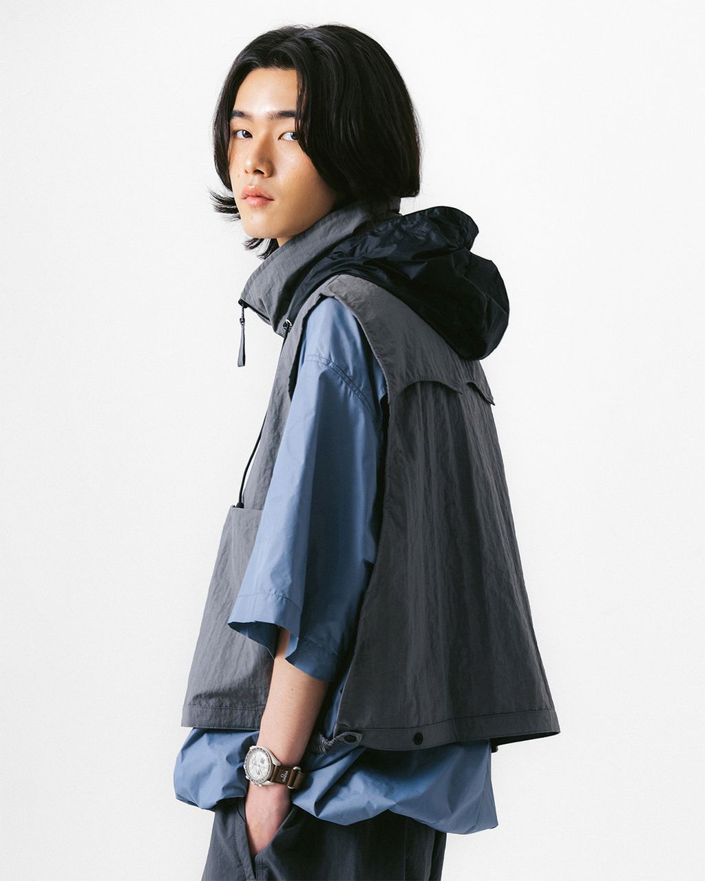 【ANGLAN】24SS★ [AG] Nylon Hidden Hood Crop Vest AG] Nylon Hidden Hood Crop Vest - Purple - ANGLAN
