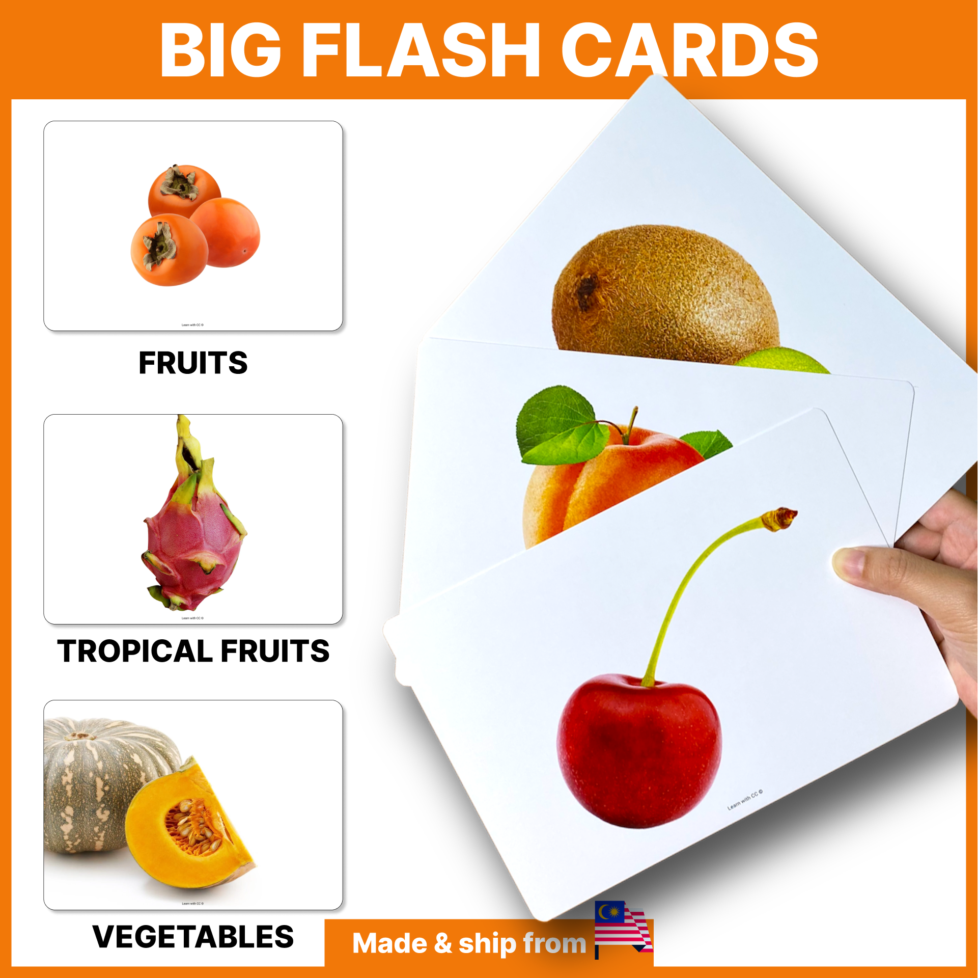 Fruits, Tropical Fruits & Vegetables Flash Cards for Kids, Baby, Big