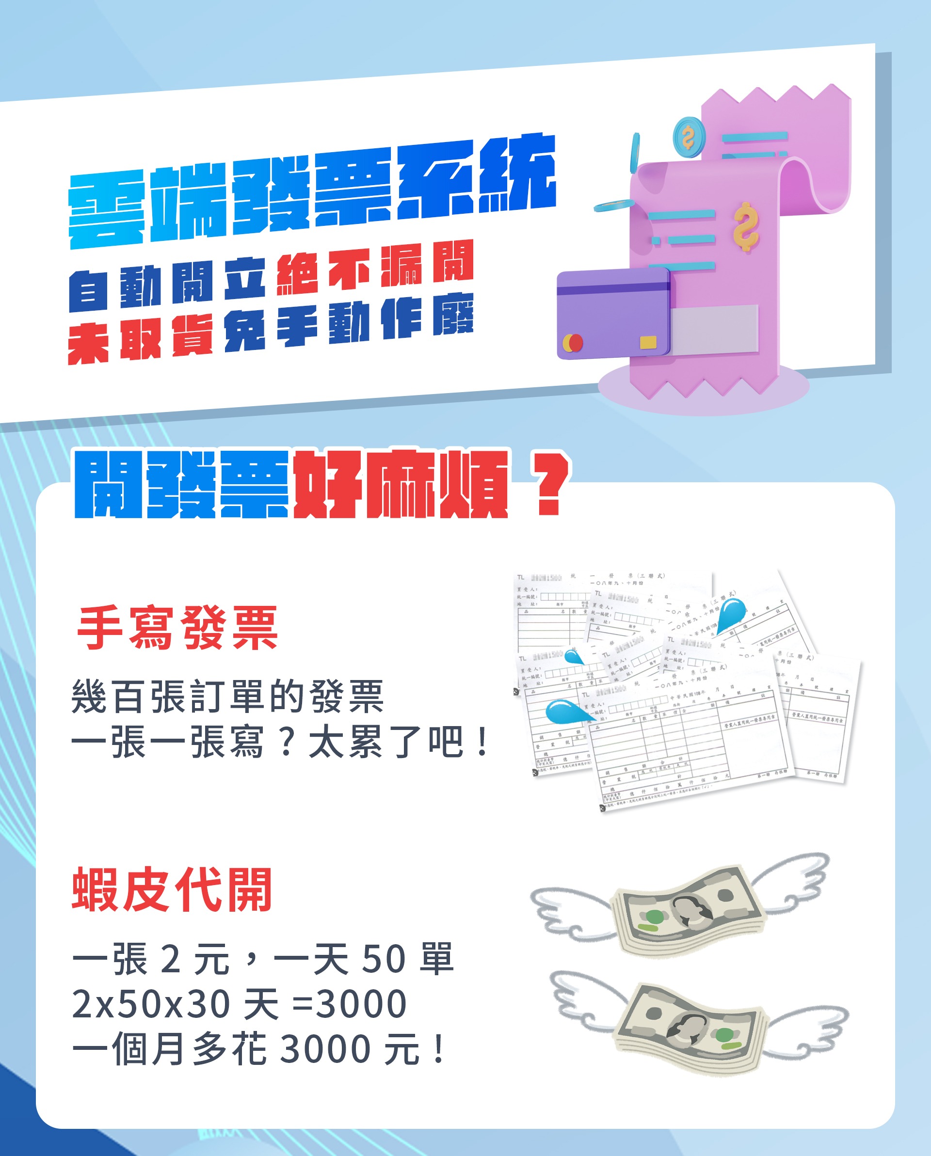 雲端電子發票自動開立,絕不漏開,未取貨免手動作廢,蝦皮代開的替代方案首選,一個月幫你省下12000以上