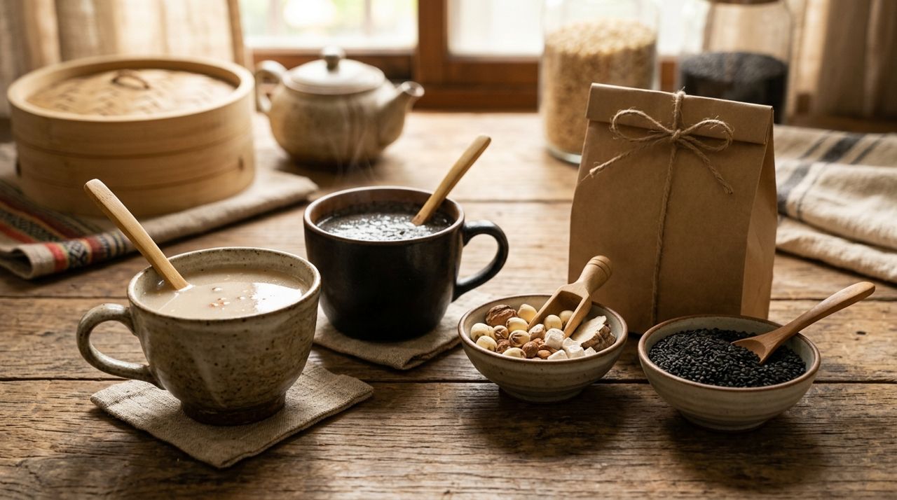 四神粉/黑芝麻粉沖泡成品特寫,旁邊擺原料穀物,對照「原料到成品,中間沒有多餘添加」