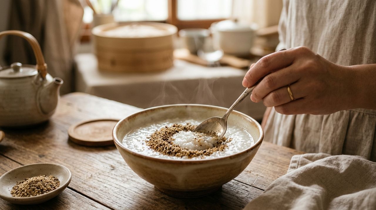 穀粉拌入白粥的碗中畫面,湯匙輕輕攪拌,呈現「搭配粥品」的清淡溫和感