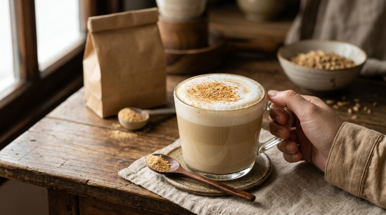 麵茶拿鐵成品——透明玻璃杯裝、奶泡上撒麵茶粉的俯拍或側拍,光線明亮有質感