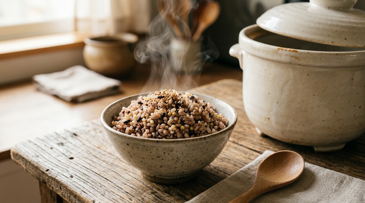 電鍋旁一碗剛煮好冒熱氣的五穀飯