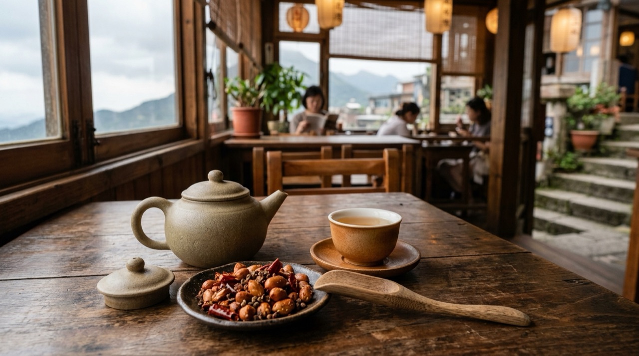 台式茶館木桌上一碟麻辣花生與茶壺茶杯