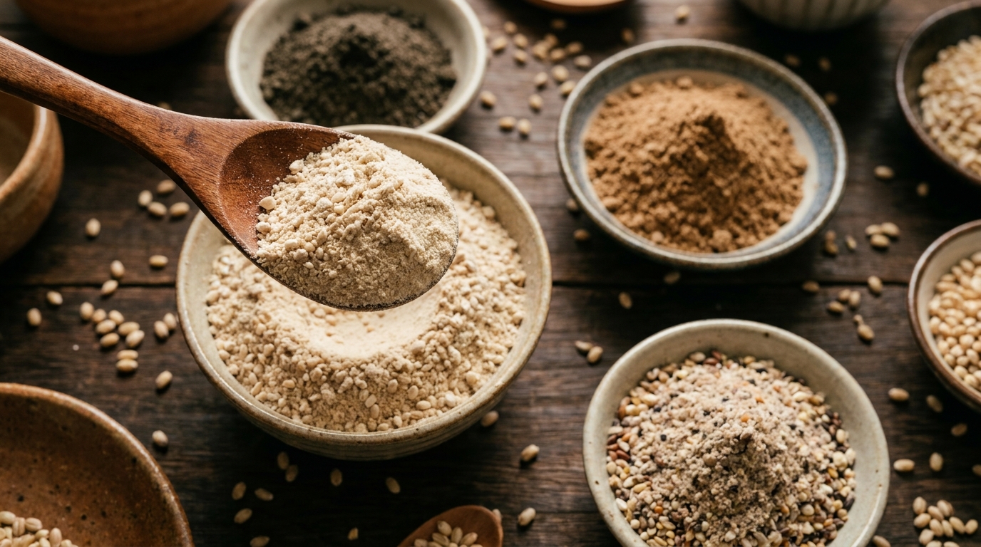 麵茶、擂茶、糙米麩與多穀粉質地對照