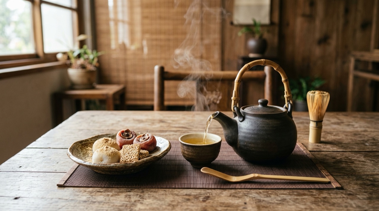 茶席情境,一壺熱茶搭配傳統甜點碟