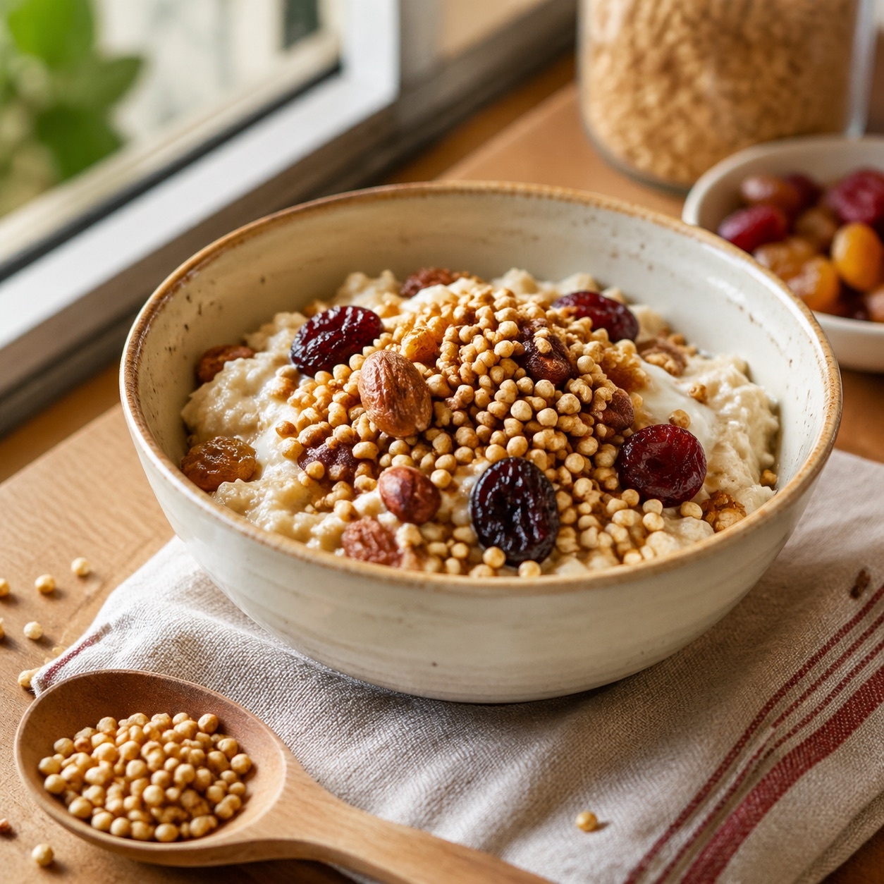 早餐碗上撒著黃金蕎麥粒與果乾
