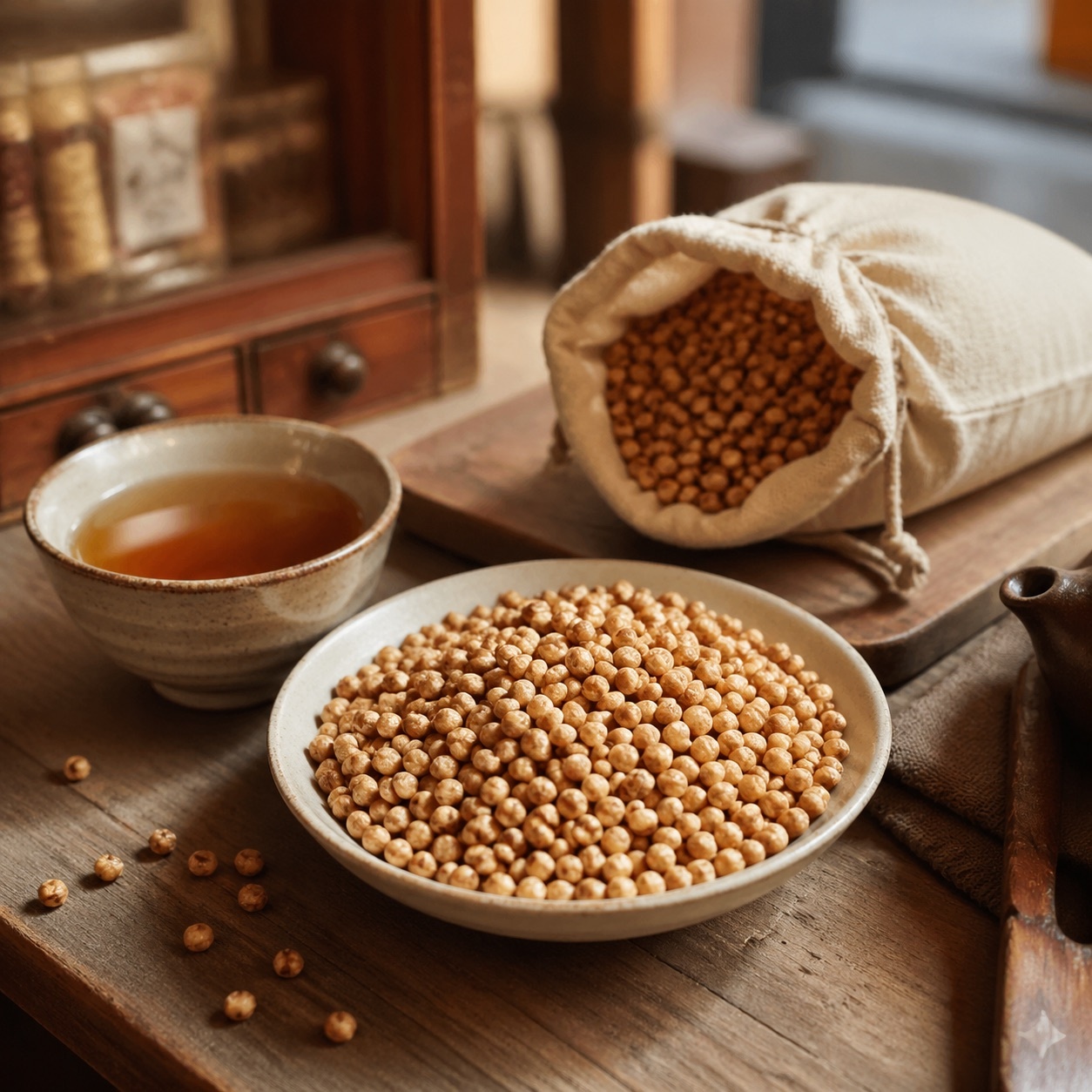 小碟黃金蕎麥粒搭配熱茶的下午點心