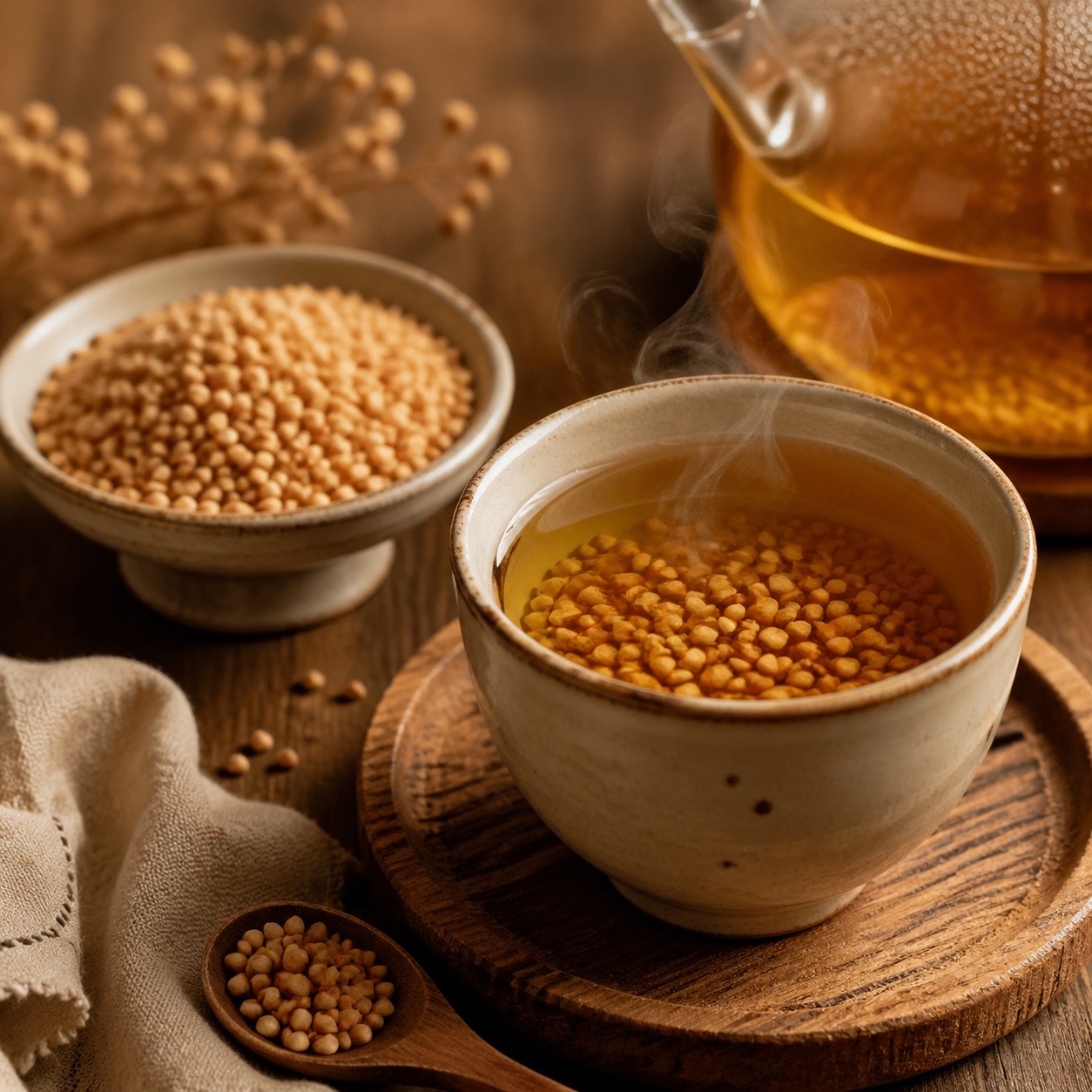 黃金蕎麥粒以熱水沖泡成溫熱穀物飲