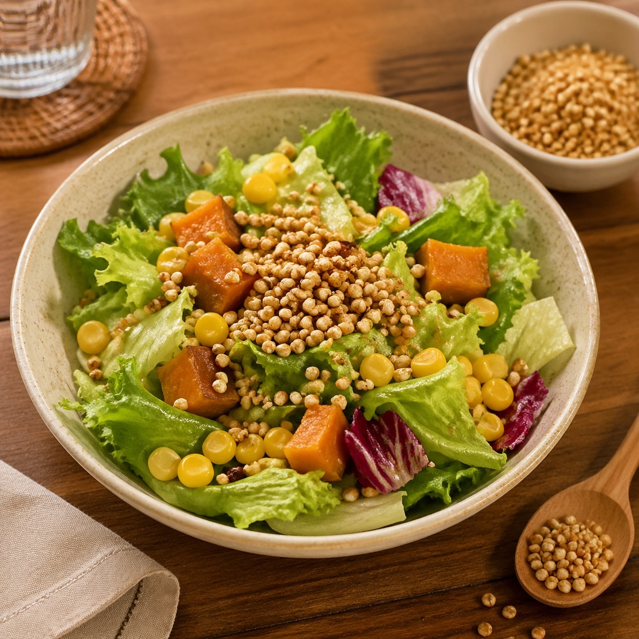 生菜沙拉上撒著黃金蕎麥粒增加脆口