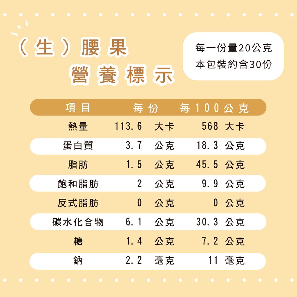 營養標示-生腰果