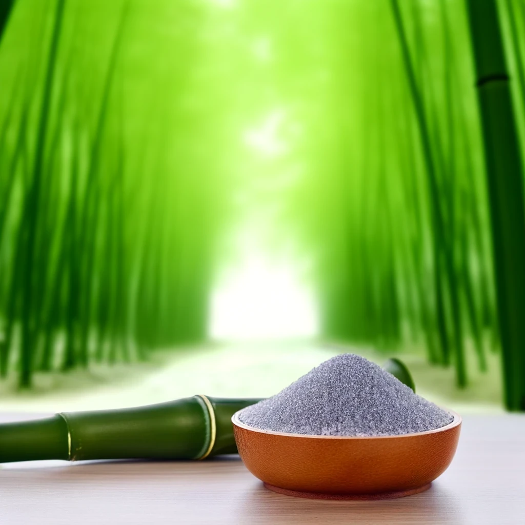 DALL·E 2024-06-07 10.24.41 - A serene bamboo forest with a focus on a bowl of grey bamboo salt, now extended to show more of the peaceful and refreshing setting. Include more bamb