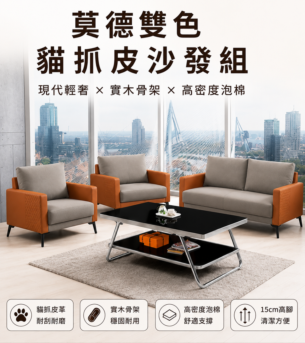 莫德雙色貓抓皮沙發組 (4)