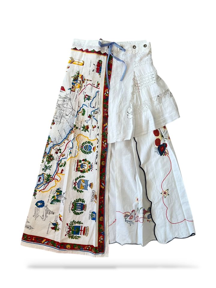 Upcycled vintage fabric textile tablecloth wrap skirt