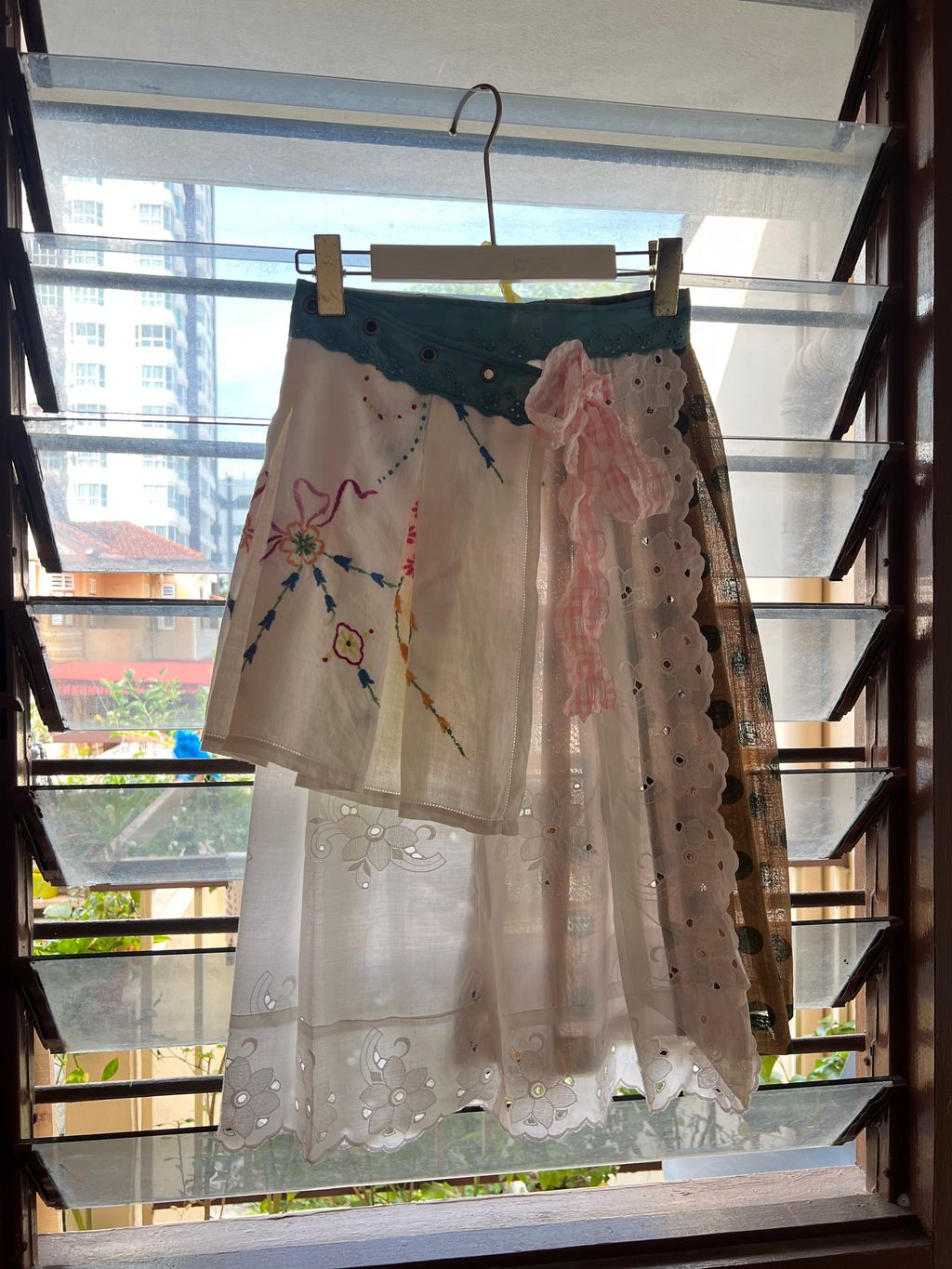 Upcycled vintage fabric textile tablecloth wrap skirt