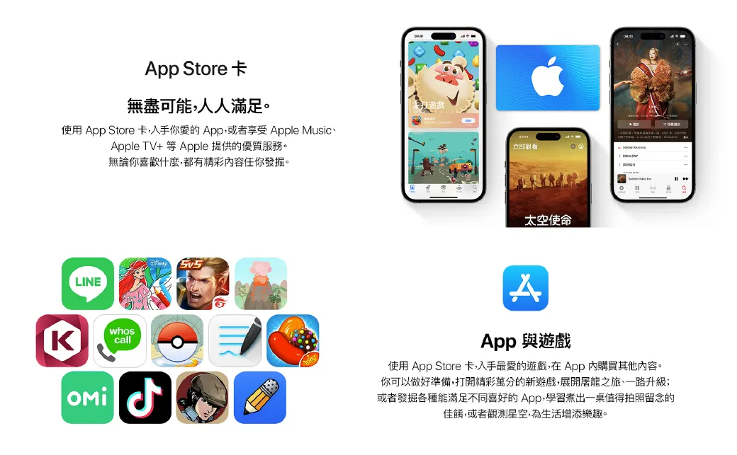App Store 無盡可能,人人滿足。使用 App Store 卡,入手你愛的App,或者享受 Apple Music、Apple TV+等 Apple 提供的優質服務。無論你喜歡什麼,都有精彩内容任你發掘。LINEwhoscallال立即觀看太空使命AApp 與遊戲使用 App Store 卡,入手最愛的遊戲,在App 內購買其他內容。你可以做好準備,打開精彩萬分的新遊戲,展開屠龍之旅、一路升級;或者發掘各種能滿足不同喜好的App,學習煮出一桌值得拍照留念的佳餚,或者觀測星空,為生活增添樂趣。