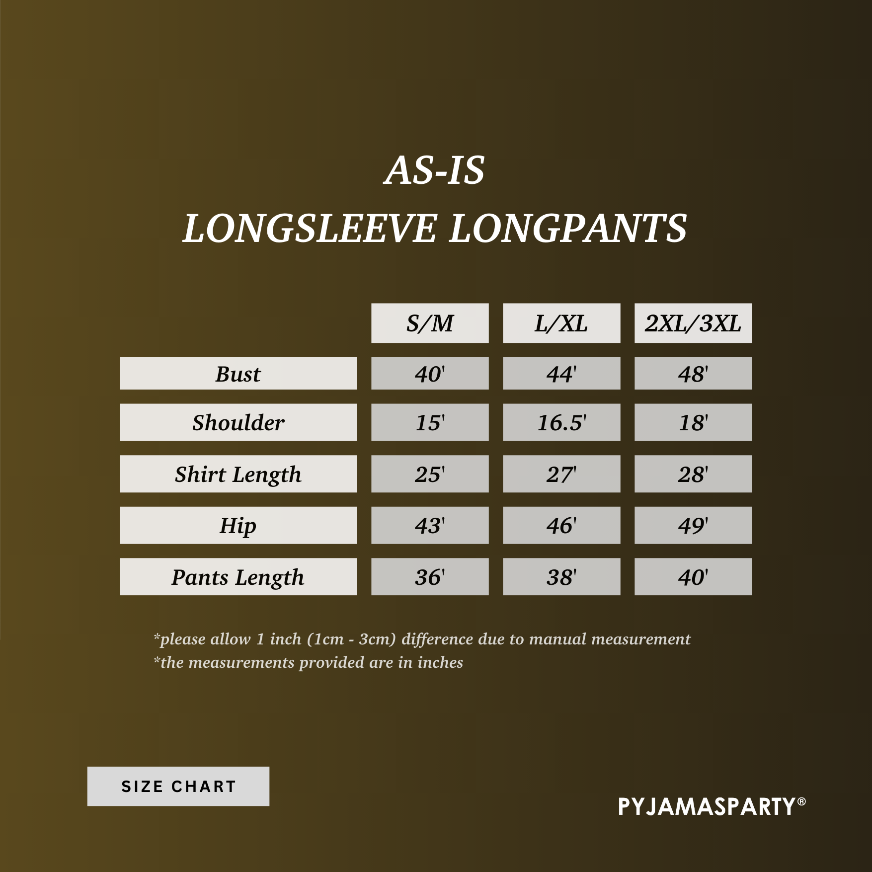 As-Is Longsleeve Longpants - Size Chart