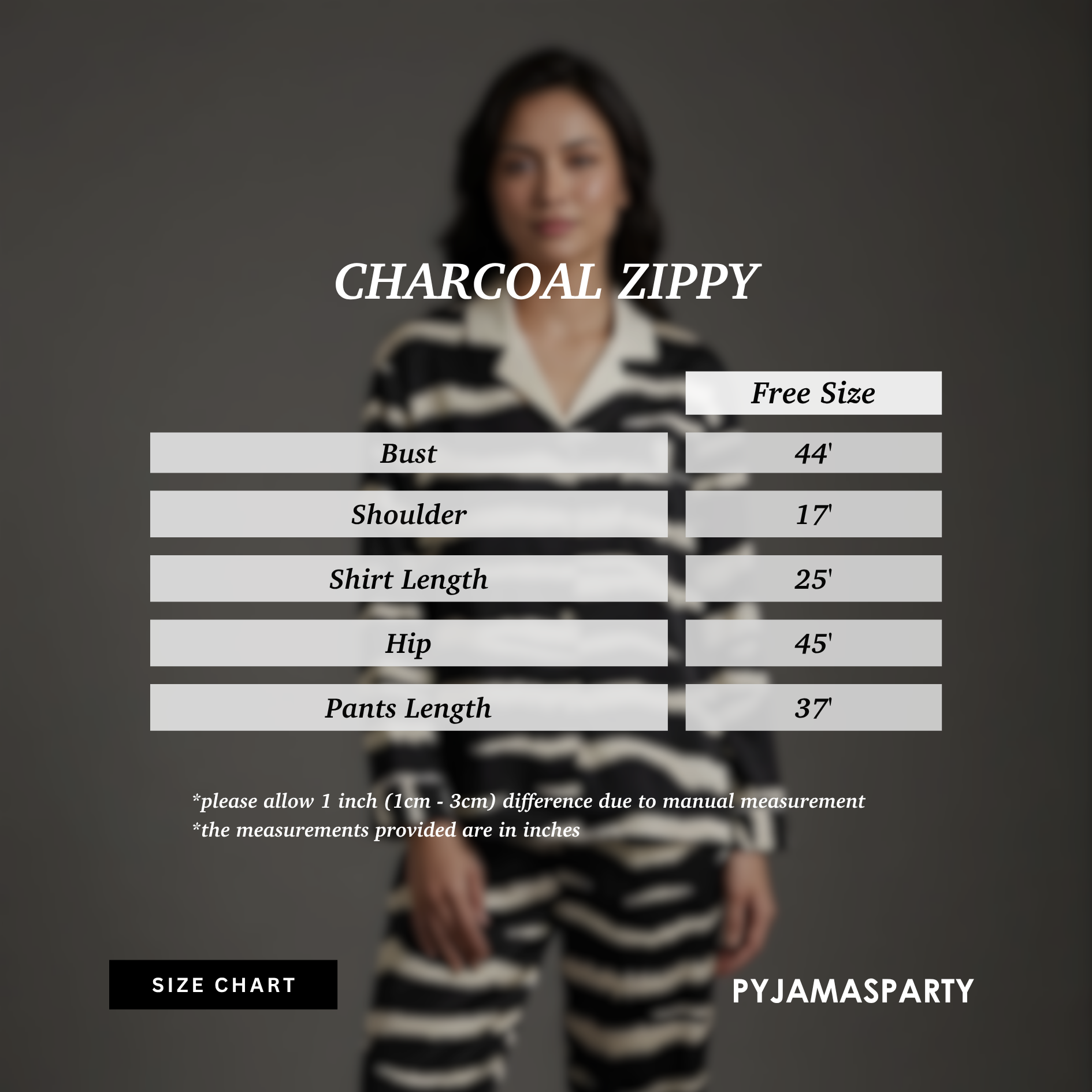 Charcoal Zippy - Size Chart