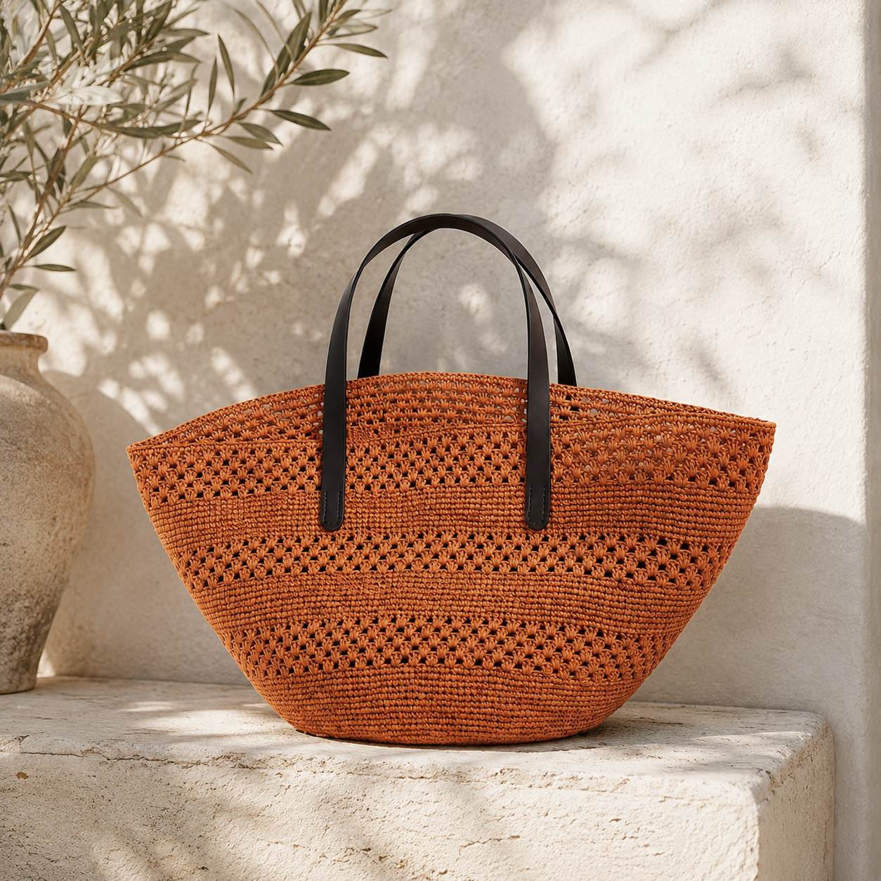 Sunlit Orange Raffia Tote