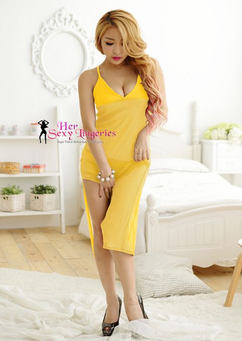 BLY805-YW Romance Sexy Long Gown Dress Babydoll Sleepwear (Yellow).jpg