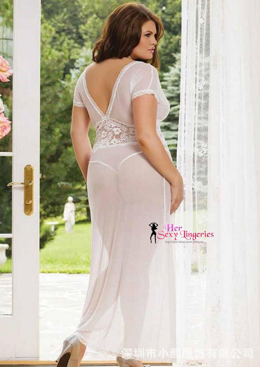 Plus Size Lace Long Dress Nightwear Lingeries Sexy. (White) PYS30WH 1.jpg