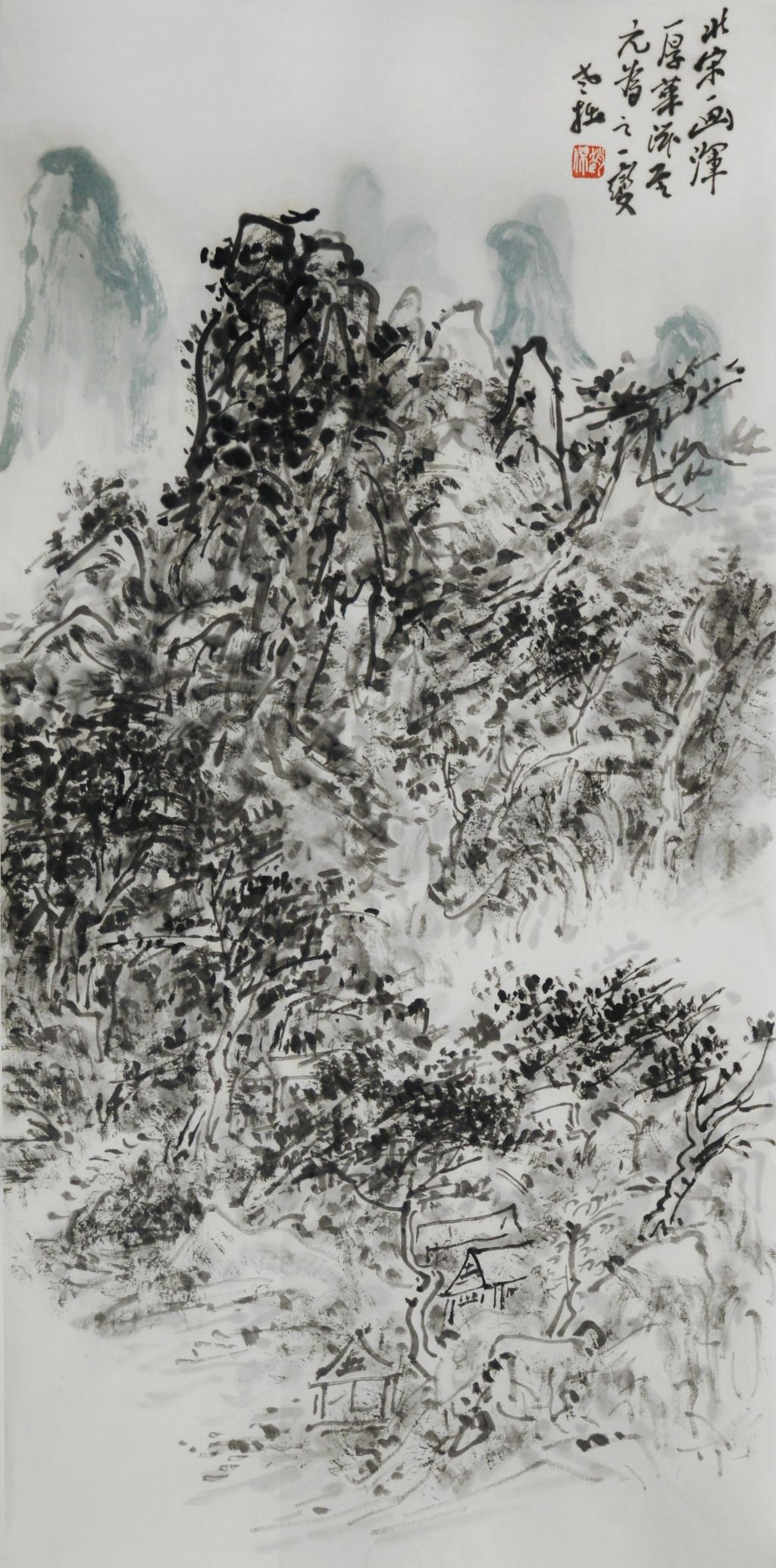 日本画 水墨山水 ★手書き 1点モノ★嬉しい額装付!外寸約420×420mm9 水墨山水條幅– 303busiyart