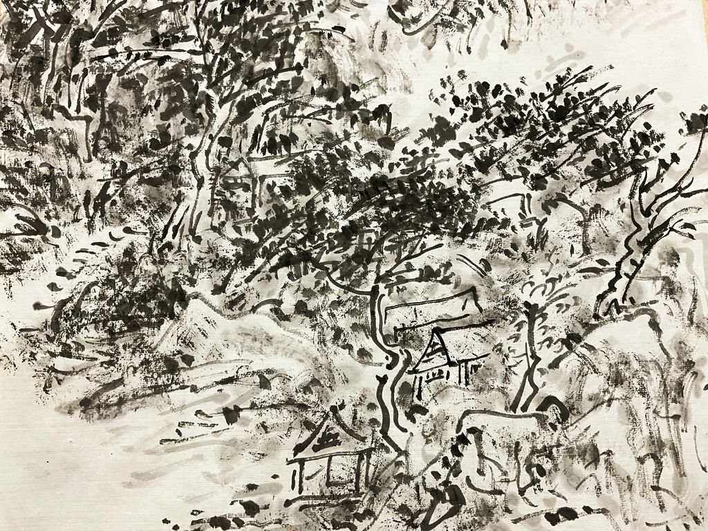 日本画 水墨山水 ★手書き 1点モノ★嬉しい額装付!外寸約561×422mm44 水墨山水條幅– 303busiyart