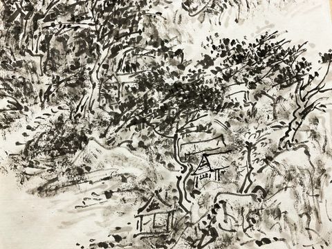 日本画　水墨山水　★手書き　1点モノ★嬉しい額装付！外寸約561×422mm33 真作］小川啓文 作「水墨山水」絹本 山水図 日本画 絵画 日本