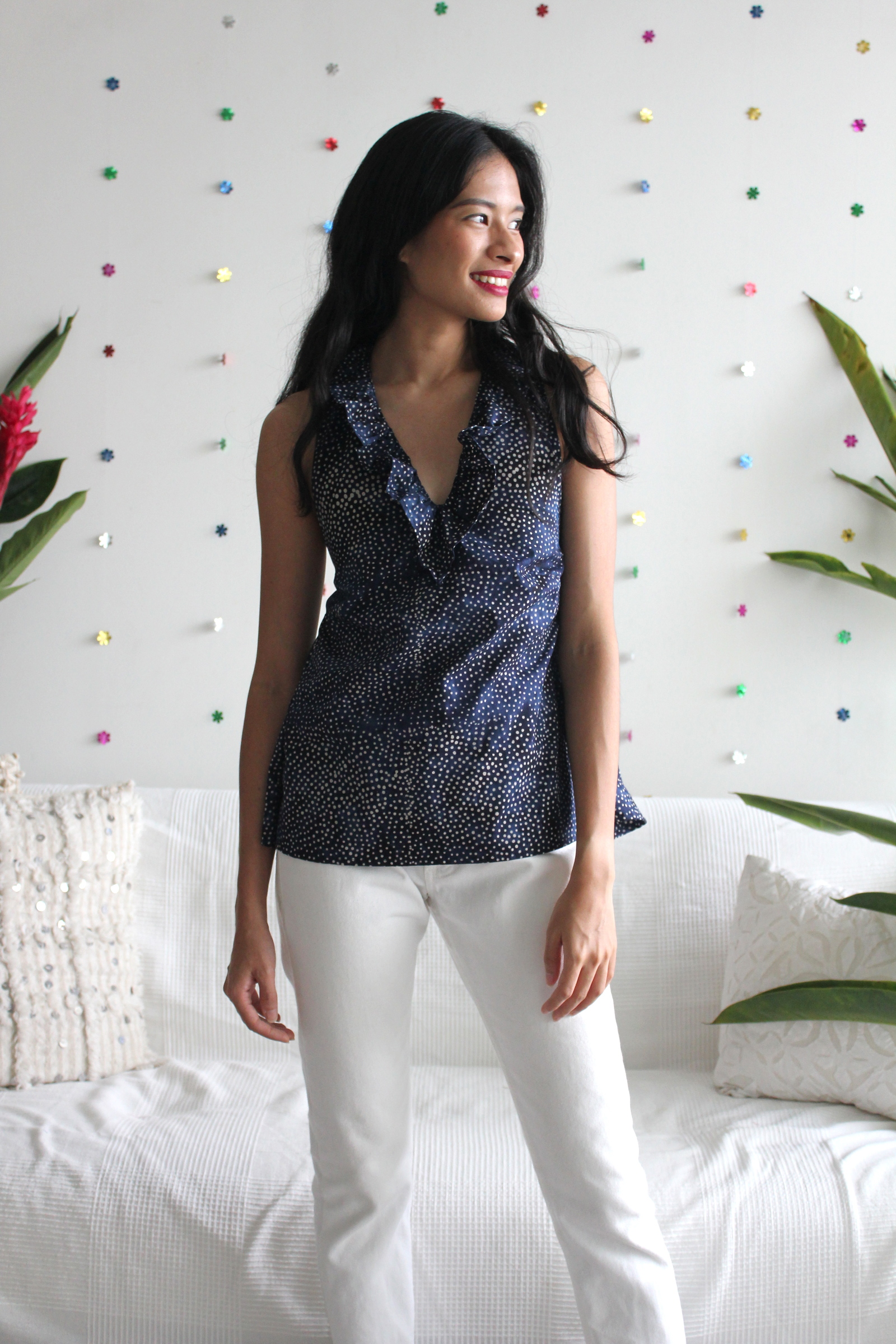 Ruffle V-neckline halter top - Starry starry night