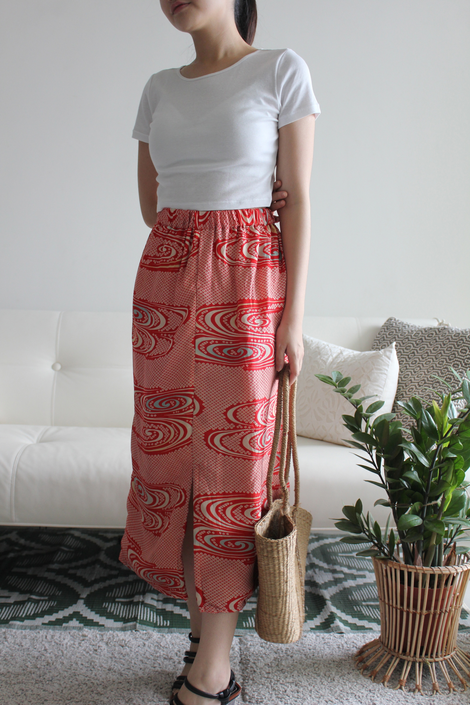 Upcycled Kimono Skirt - Red Marble