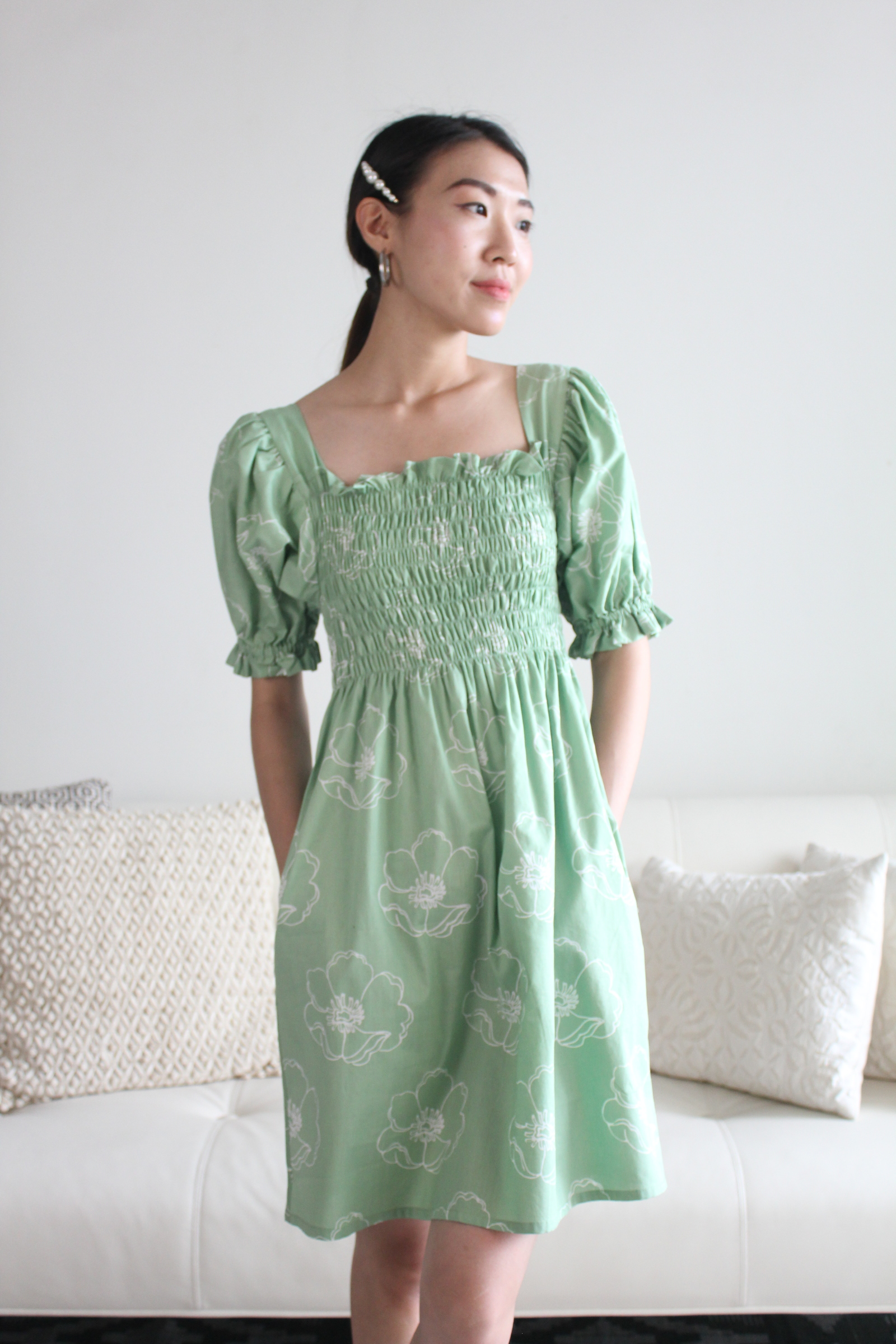 Babydoll Dress - Big Bunga Sage (Batik Terap)