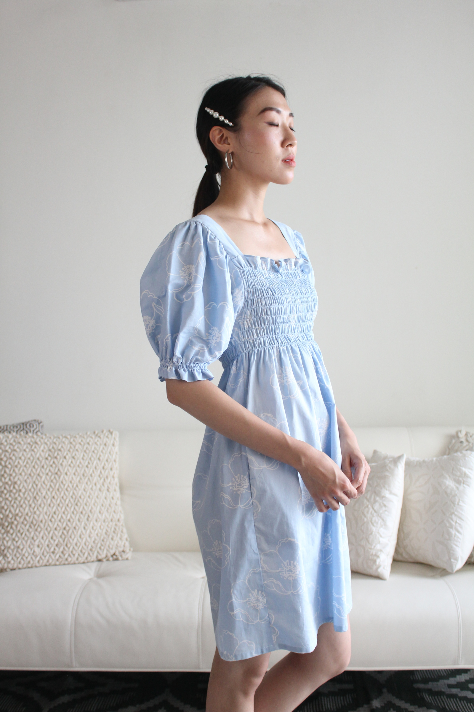 Babydoll Dress - Big Bunga Sky Blue (Batik Terap)