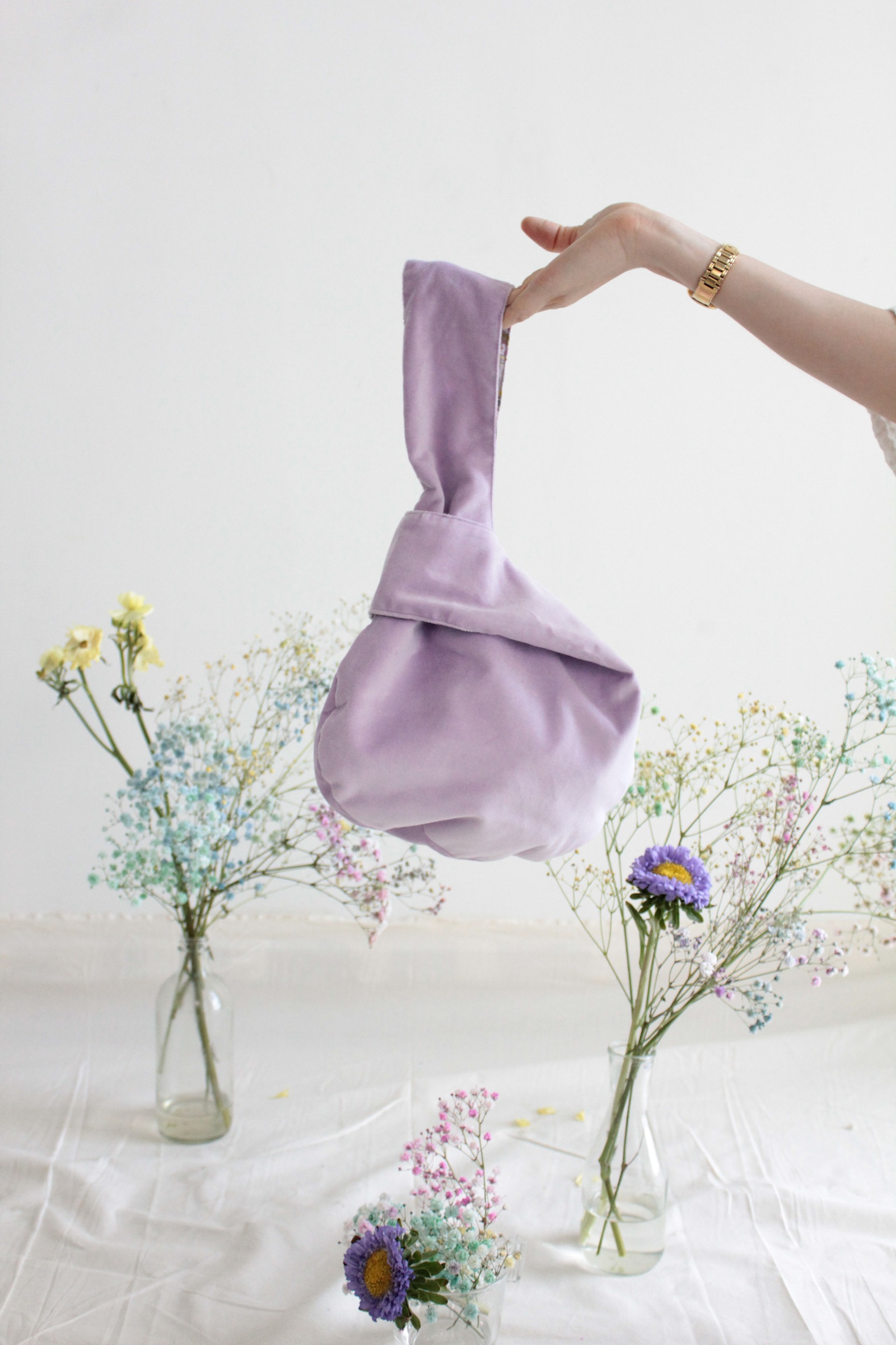 Reversible Velvet+Batik KnotBag - Lavender