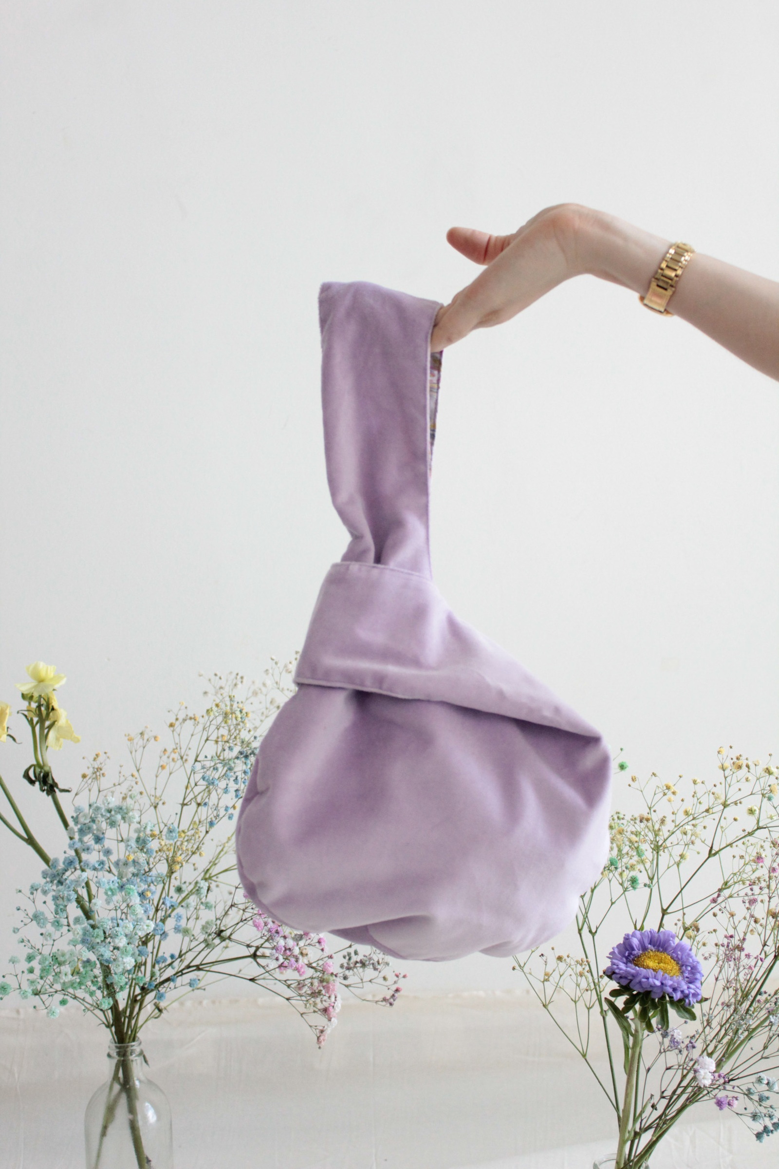 Reversible Velvet+Batik KnotBag - Lavender