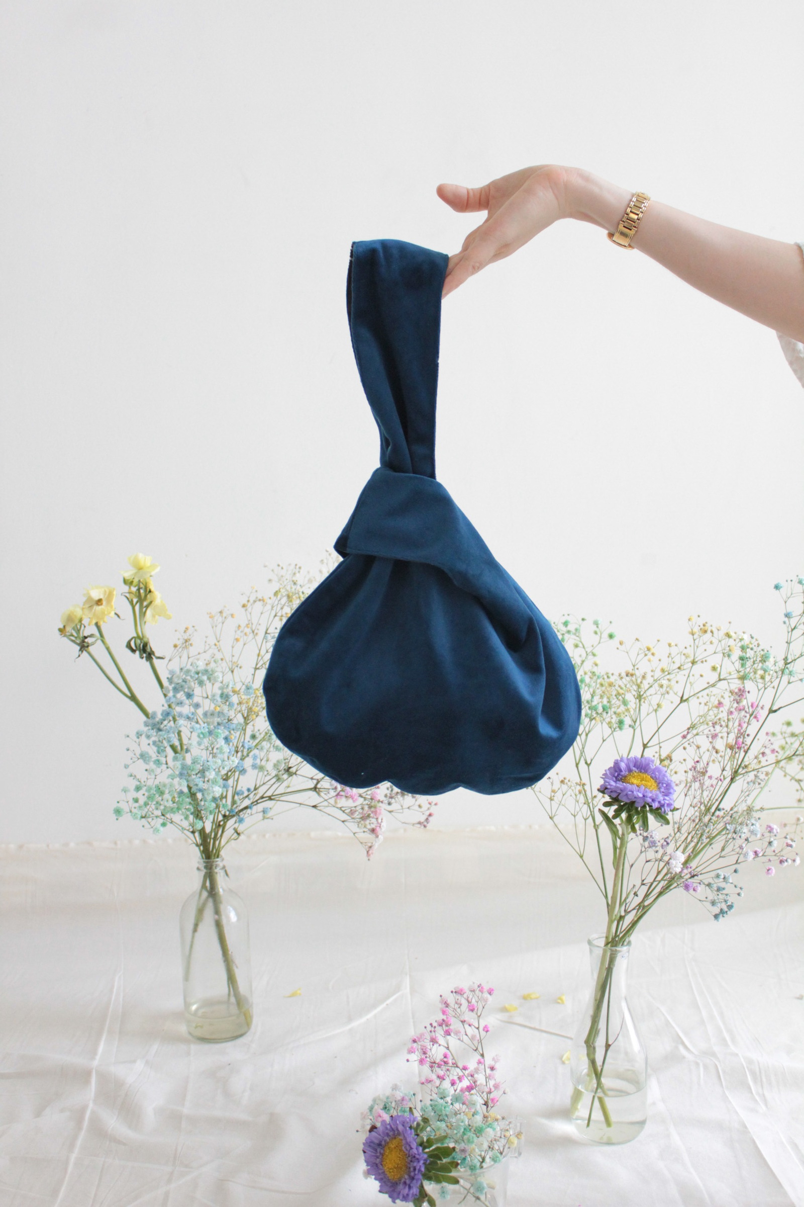 Reversible Velvet+Batik KnotBag - Prussian Bleu