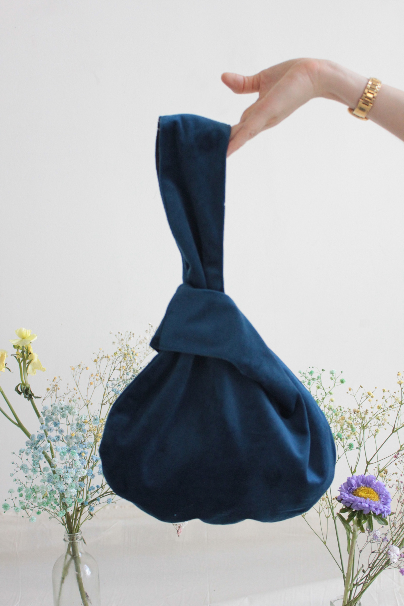Reversible Velvet+Batik KnotBag - Prussian Bleu